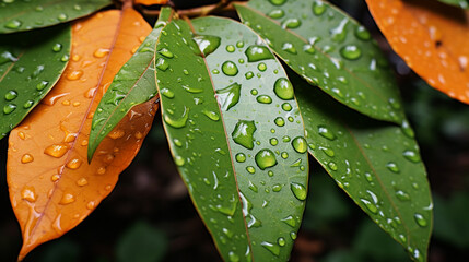 A close-up of rain-soaked leaves during a downpour, capturing the intricate details of water droplets clinging to every surface.