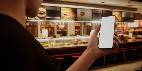 Fototapeta na wymiar CU Photo of a person using his phone inside a fast-food restaurant, blank screen