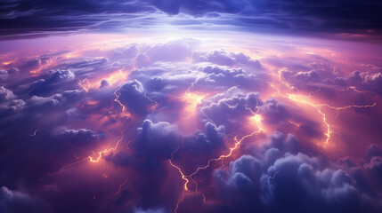 An aerial view of a thunderstorm from above the clouds, capturing the intricate patterns of lightning illuminating the storm's heart.