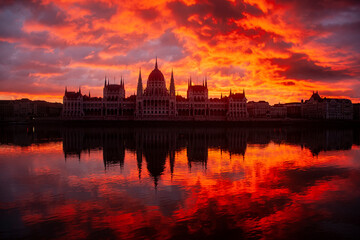 The parliament building of Hungary at sunrise.