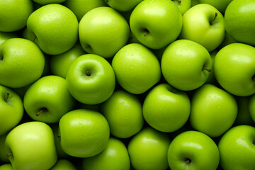 apples green with drops of water, lot, in bulk, close-up background