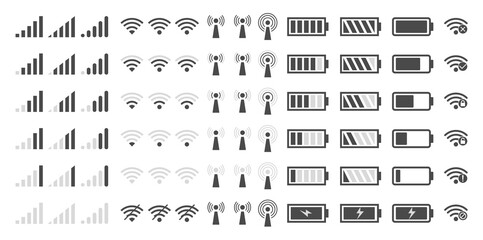 Phone signal WIFI and battery icons. Vector mobile interface top bar icon set for network signals and telephone charge levels status