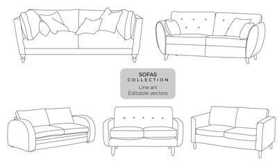 sofa hand drawn illustration, couch vector drawing two seater outline editable sketch - obrazy, fototapety, plakaty