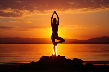 Exercise woman sea female yoga healthy fitness pose nature sunset silhouette meditation relaxation