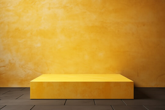 podium yellow rectangular marble empty table before dark brick wall