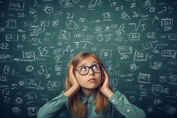 Young girl in glasses with a thoughtful face against the backdrop of a green school board with formulas, education concept