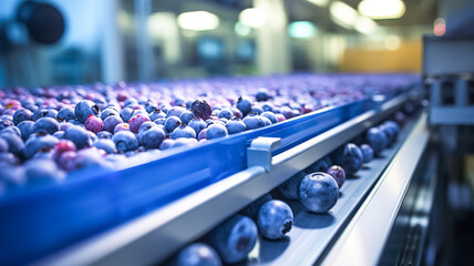 Clean and fresh blueberries tape in the food industry, products ready for automatic packaging.  - obrazy, fototapety, plakaty