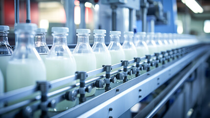 Milk production at factory. Milk in to glass bottles at the factory. Equipment at the dairy plant.
