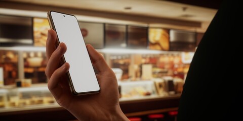 CU Photo of a person using his phone inside a fast-food restaurant, blank screen