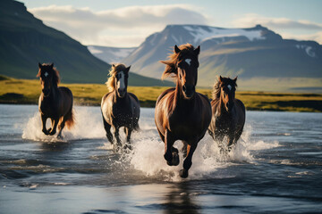 Beautiful brown Icelandic horses running across the river flow, mountain landscape, peaks covered with snow