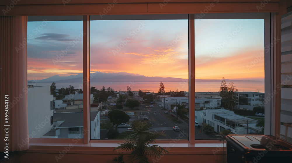 Poster sunset by the window. Generative Ai