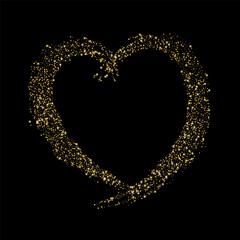 Confetti with gold glitter in the shape of a heart on a black background. Shiny particles and sand are scattered. Decorative element, golden heart. Luxury holiday background, vector