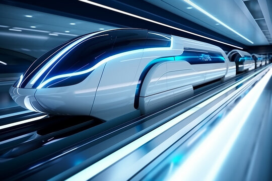 Hyperloop train, background of a magnetic levitation train, Hyperloop mass transit with in a vacuum, The fastest train transportation in the future, High speed rail travel