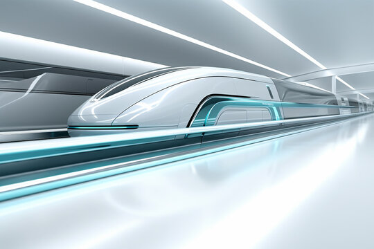 Hyperloop train, background of a magnetic levitation train, Hyperloop mass transit with in a vacuum, The fastest train transportation in the future, High speed rail travel
