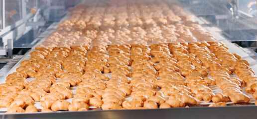 Closeup fresh crispy french croissants with chocolate on conveyor line. Concept banner modern food...