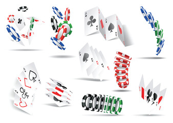 Playing card and chips poker game elements in 3D realistic design set. Vector aces hearts and spades, clubs and diamonds. Leisure hobby entertainment gambling game objects, red and black suits