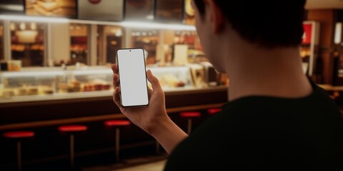 CU Photo of a person using his phone inside a fast-food restaurant, blank screen