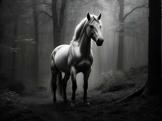 W mglistym blasku księżycowego światła, piękny srebrny centaur góruje w urokliwym lesie na enigmatycznym czarno-białym zdjęciu. - obrazy, fototapety, plakaty