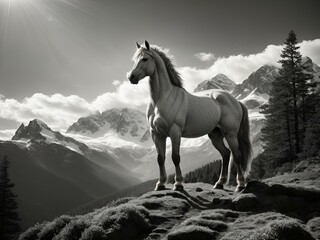 Słońce świeci na niebie, a srebrny koń pojawia się w górskim pejzażu, utrwalony na czarno-białym zdjęciu. Dumnie stoi w objęciach oświetlonego słońcem górskiego lasu, gdzie południowe promienie rz - obrazy, fototapety, plakaty