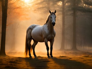 W łagodnym blasku wschodu słońca, przepiękny srebrny koń wyłania się z porannej mgły, kąpany w ciepłych odcieniach wznoszącego się słońca, tworząc zapierający dech w piersiach obraz.