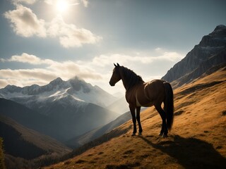 Słońce świeci na niebie, a srebrny koń pojawia się w górskim pejzażu, utrwalony na czarno-białym zdjęciu. Dumnie stoi w objęciach oświetlonego słońcem górskiego lasu, gdzie południowe promienie rz - obrazy, fototapety, plakaty