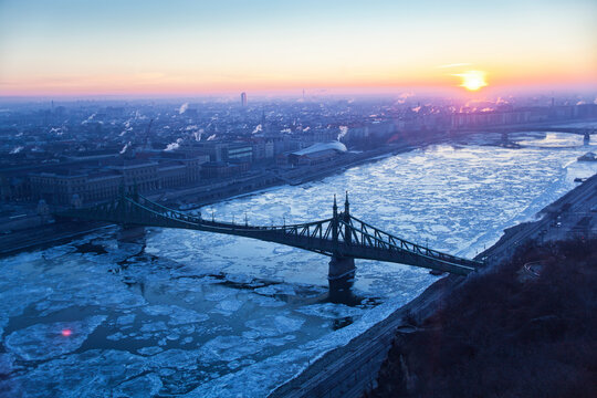The Liberty bridge in Budapest at wintertime.