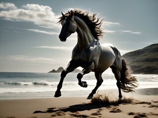 W blasku południowego słońca srebrny centaur pięknie prezentuje się na wybrzeżu, oczarowując zgraniem z potężnym koniem i delikatnym pluskiem fal. - obrazy, fototapety, plakaty