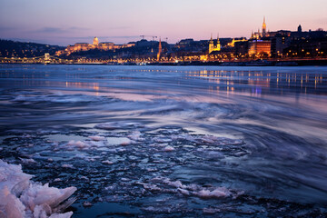 Sunset over the river Danube in Budapest.