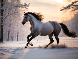 W zimowym świcie srebrny koń rozpędza się przez biały krajobraz, pozostawiając za sobą ślady świeżego śniegu, tworząc mityczną i ekscytującą obecność w spokojnej urodzie śnieżnego wschodu słońca.