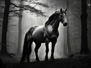 W mglistym blasku księżycowego światła, piękny srebrny centaur góruje w urokliwym lesie na enigmatycznym czarno-białym zdjęciu. - obrazy, fototapety, plakaty