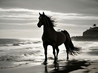 W blasku południowego słońca srebrny centaur pięknie prezentuje się na wybrzeżu, oczarowując zgraniem z potężnym koniem i delikatnym pluskiem fal. - obrazy, fototapety, plakaty