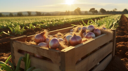 Fresh harvested onion in the wood box in the plantation under the sun light background. Created using generative AI. - obrazy, fototapety, plakaty