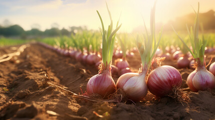Full bloom onion organic farm in the morning with sun rise. Created using generative AI. - obrazy, fototapety, plakaty