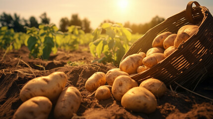 Potato basket in the farm and harvest season with sunshine and vanilla sky. Created using generative AI. - obrazy, fototapety, plakaty
