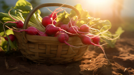 Basket of Ripe harvested radish in the plantation with the sun rays in harvesting time. Created using generative AI. - obrazy, fototapety, plakaty