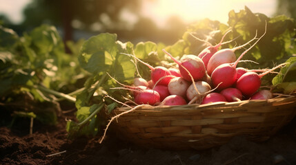 Full bloom radish basket in organic farm in the morning with sun rise. Created using generative AI. - obrazy, fototapety, plakaty