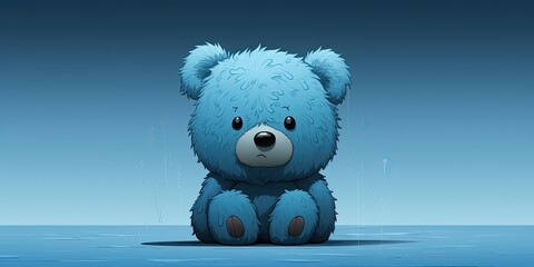 cartoon sad wet blue teddy bear, on a blue background, blue monday, copy space, banner
