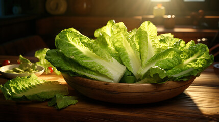 Kitchen background with fresh lettuce in the bowl and sunshine. Created using generative AI.