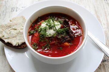 A plate of red borscht. Ukrainian national dish