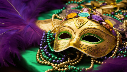 Mardi Gras masquerade mask with necklaces, Carnival party mask