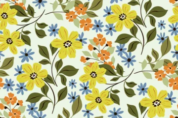 Foto op Canvas Seamless floral pattern, liberty ditsy print in old fashion folk motif. Cute botanical design with hand drawn wild garden: large yellow flowers, small branches, leaves on white. Vector flower pattern. © Yulya i Kot
