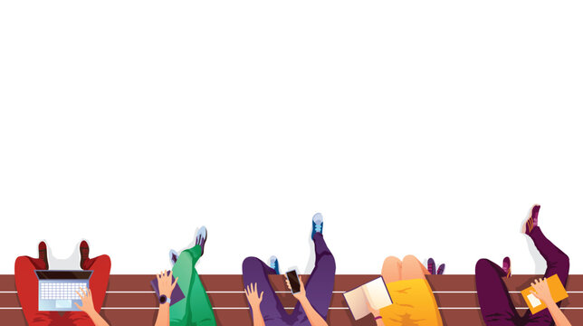 People sitting on bench vector illustration of university girls and boys with bags, laptops or smartphones and books. Legs top view on white background for back to school design