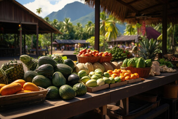 A lively farmers' market showcasing an array of fresh, locally grown produce from the Hawaiian islands. Generative Ai. - obrazy, fototapety, plakaty