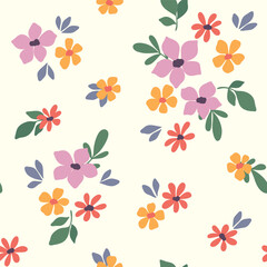 Seamless floral pattern, liberty ditsy print with small colorful summer botany. Cute botanical design in a modern retro motif: small hand drawn flowers, tiny leaves, simple bouquets on white. Vector.