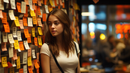 Women office worker stands against a wall with stickers reminders