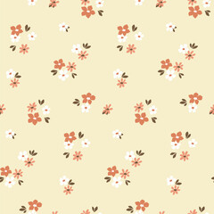 Seamless floral pattern, liberty ditsy print of mini cute flowers in natural color. Pretty botanical design: small hand drawn flowers, tiny leaves on beige Simple vector flower fabric, wallpaper print