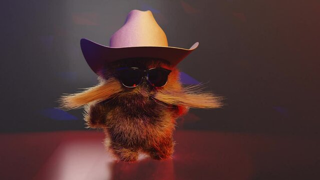 Fluffy character in a cowboy hat dancing. Endless animation