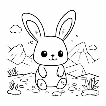 cute rabbit playing outdoor coloring page illustration 