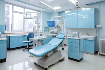 Contemporary dental clinic interior with light blue and white tones  clean and bright background