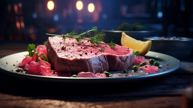 Just a raw steak on a plate by hexane beautiful image Ai generated art